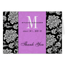 Black Damask Purple Monogram Wedding Thank You Cards