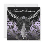 Black Damask Purple Sweet Sixteen Party invitations