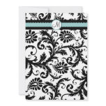 Black Damask Swirls  Aqua Trim Wedding Invitation