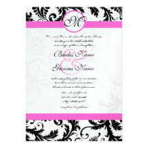 Black Damask Swirls Pink Trim Wedding Invitaitons Announcement