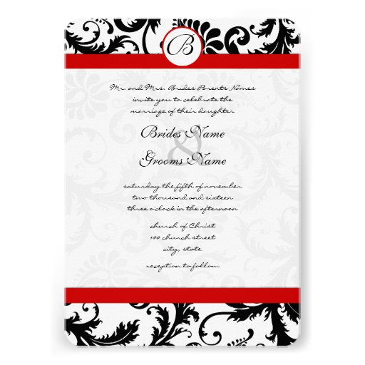 Black Damask Swirls Red Trim Wedding Invitation