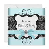 Black Damask Teal Black Sweet 16 Birthday Party Announcement