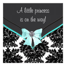 Black Damask Teal Blue Bow Princess Baby Shower Invites