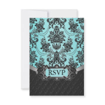 Black Damask Tiffany Blue Wedding RSVP Cards