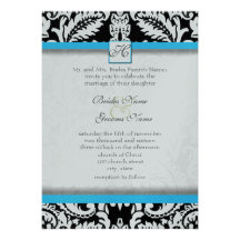 Black Damask with Bright Aqua Wedding Invitations