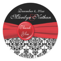 Black Damask with Poppy Red 3" Round Sticker
