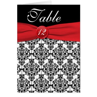 Black Damask with Poppy Red Table Number Card by NiteOwlStudio