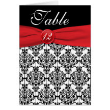 Black Damask with Poppy Red Table Number Card