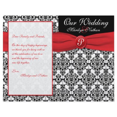 Black Damask with Poppy Red Wedding Program Personalized Flyer by NiteOwlStudio