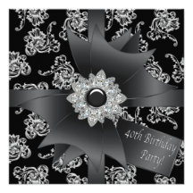 Black Damask Womans 40th Birthday Party Invite