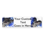 Black dog eye peering out of blue tinsel bumper sticker