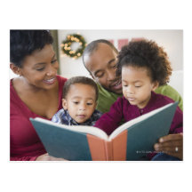 Black family reading book together post cards