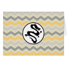 Black Fire Dragon on Grey Yellow Chevron Stripe Greeting Card