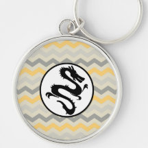Black Fire Dragon on Grey Yellow Chevron Stripe Key Chain
