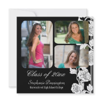 Black floral 3 photo graduation party announcement