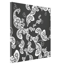 Black Floral Peacock Deco Art Canvas Print