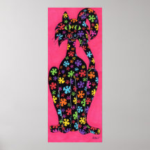 Black Flowered Cat Print