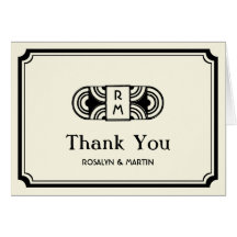 Black frame art deco retro monogram thank you greeting card