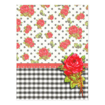Black Gingham with red roses & dots Postcard