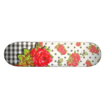Black Gingham with red roses & dots Skateboards