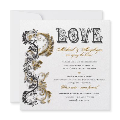 Black gold floral swirl engagement invitation by mensgifts
