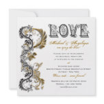 Black gold floral swirl engagement invitations