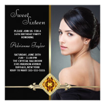 Black Gold Leopard Photo Sweet Sixteen Birthday Personalized Invitation