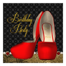 Black Gold Red High Heel Shoes Birthday Party Invitation