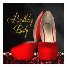 Black Gold Red High Heel Shoes Birthday Party Personalized Invites