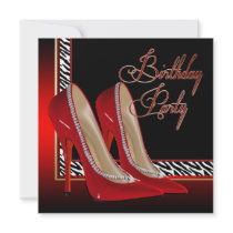 Black Gold Red Zebra High Heels Birthday Party Personalised Announcements
