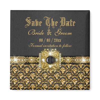 Black gold "save the date" damask wedding fridge magnet by mensgifts
