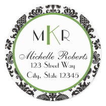 Black & Green Damask Round Return Address Label Sticker