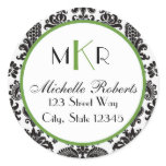 Black & Green Damask Round Return Address Label stickers