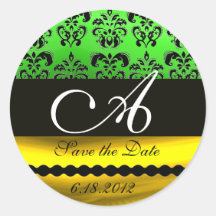 BLACK GREEN GOLD DAMASK MONOGRAM STICKER