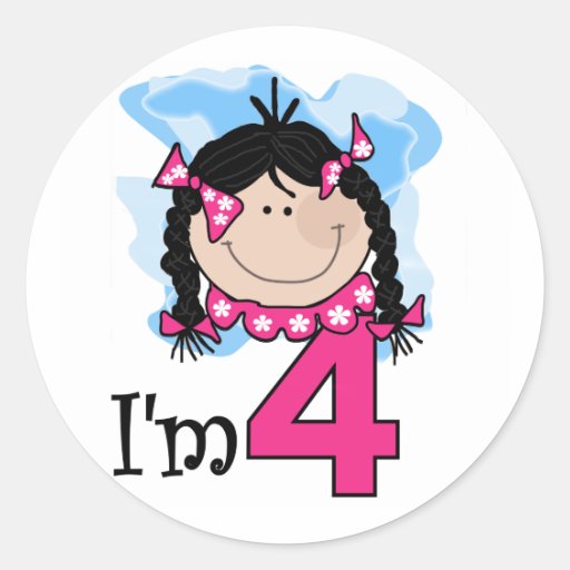 Black Haired Girl I'm Four Round Sticker