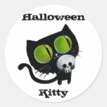 Black Halloween Cat with Skull Round Stickers