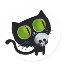 Black Halloween Cat with Skull Round Stickers