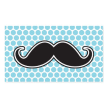 Black handlebar moustache on blue polka dot patter business card