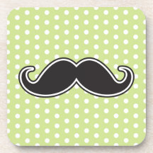 Black handlebar moustache on lime green polka dots drink coaster