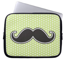 Black handlebar moustache on lime green polka dots computer sleeves