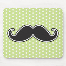 Black handlebar moustache on lime green polka dots mouse mats