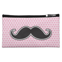 Black handlebar moustache on pink polka dot patter makeup bag