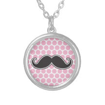 Black handlebar moustache on pink polka dot patter personalised necklace