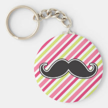 Black handlebar moustache pink lime green stripes keychain