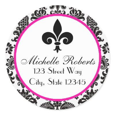 Black &Hot Pink Damask Fleur De Lys Address Label Round Sticker by stickercaboodle