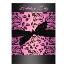 Black/Hot Pink Rose & Bow Birthday Invitation