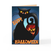 Black Kitty and Evil Halloween Pumpkin Card