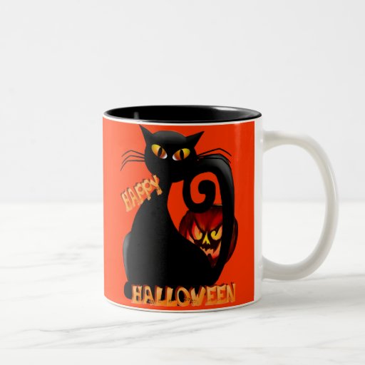 Black Kitty and Evil Halloween Pumpkin Mugs