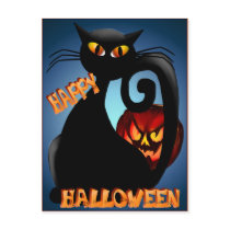 Black Kitty and Evil Halloween Pumpkin  Postcard