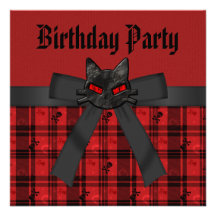 Black Kitty & Skulls Black & Red Plaid Birthday Personalised Invites